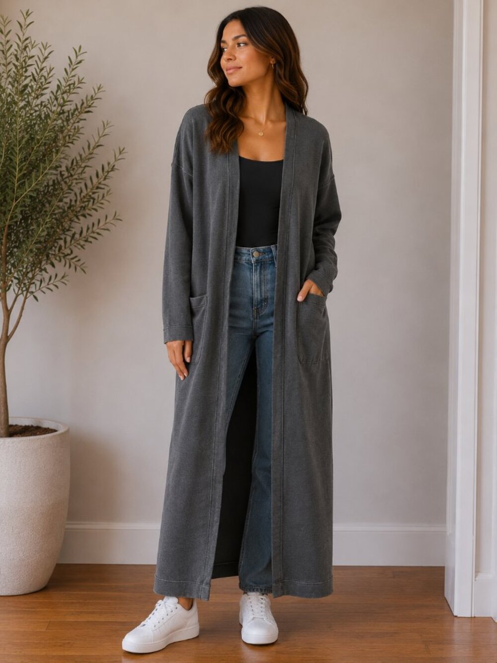 Open-Front Long Women’s Cardigan Sweater - Charcoal Gray